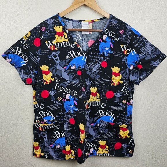 Disney Women's Large Winnie the Pooh Eeyore Black 3 Pocket Scrub Top Colorful - Picture 9 of 10